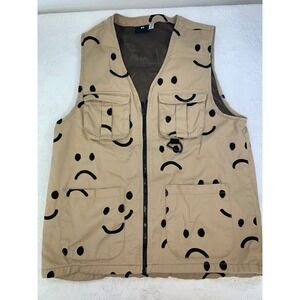 Lazy Oaf Happy Sad Utility Gilet Tan Multi Pocket Mesh Lined Vest Mens Medium